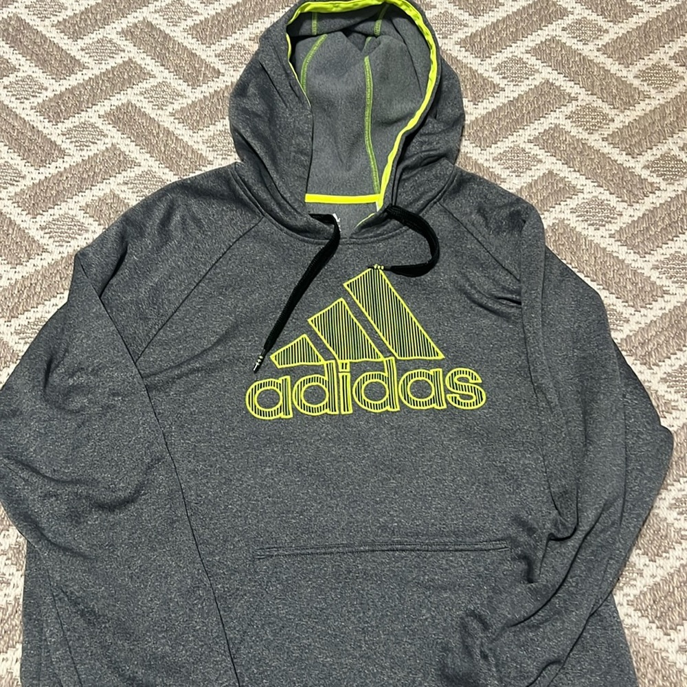 Adidas Men’s XL gray and neon logo hooded sweatshirt